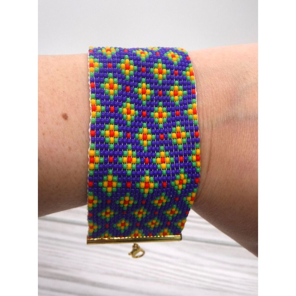 Loom Beaded Bracelet Blue, Green, Yellow & Red Print